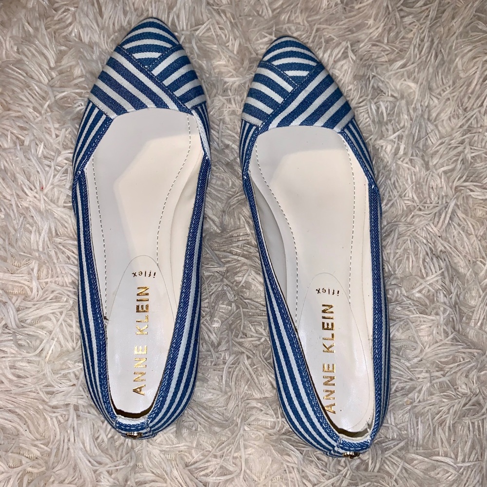 Blue and white striped Anne Klein pointy flats